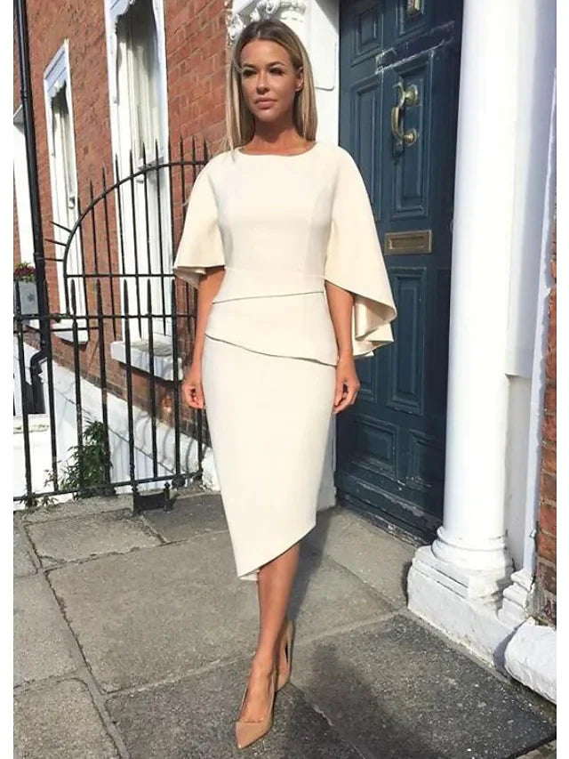 Wholesale Mother of the Bride Dress Elegant Jewel Neck Knee Length Charmeuse Half Sleeve with Tier